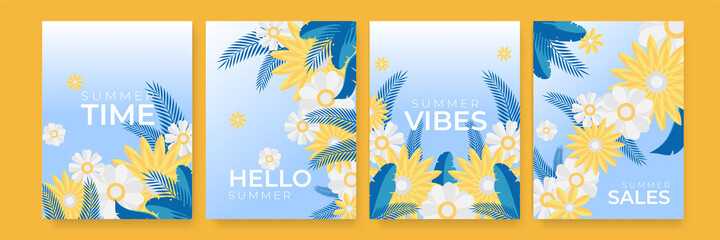 Fototapeta na wymiar Set of floral flower leaf menu flyer design templates. Vector illustration with realistic tropical summer color. Brochures design for promo posters or covers in A4 format size.