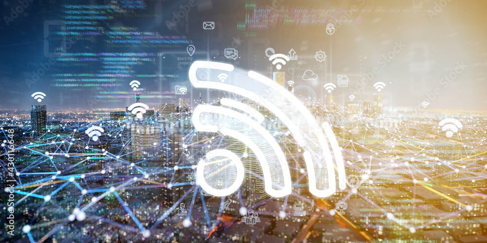 Poster smart city with wifi network and communication connection - 3d rendering