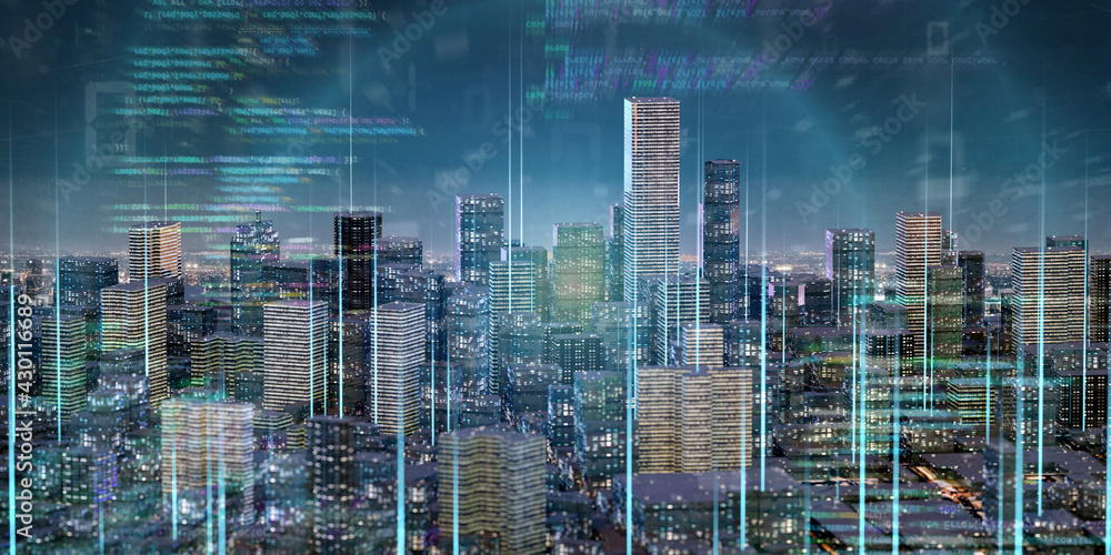 Poster smart city with network and communication connection - 3d rendering