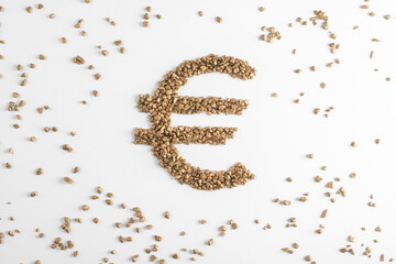 Golden euro sign surrounded with scattered pieces of gold on white background