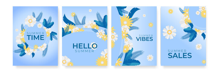 Vector set of blue yellow orange green social media stories design templates, backgrounds with copy space for text - summer flower leaf landscape