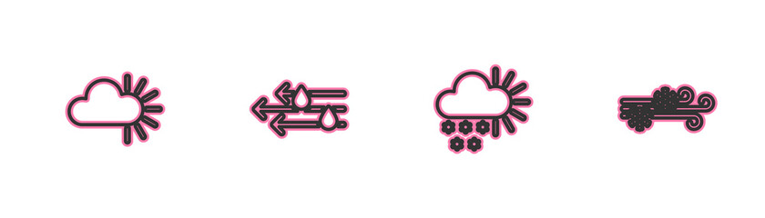 Set line Cloudy, with snow, Wind and rain and icon. Vector