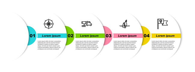 Set line Wind rose, Cannon with cannonballs, Bottle message water and Pirate flag skull. Business infographic template. Vector