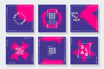 Set of sale banner template design. Social Media Posts for Digital Marketing. Purple Borders and splashes elements. Stock vector illustration.
