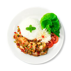 Crispy Belly Pork Stir Fried with Chili and Salt Served Rice