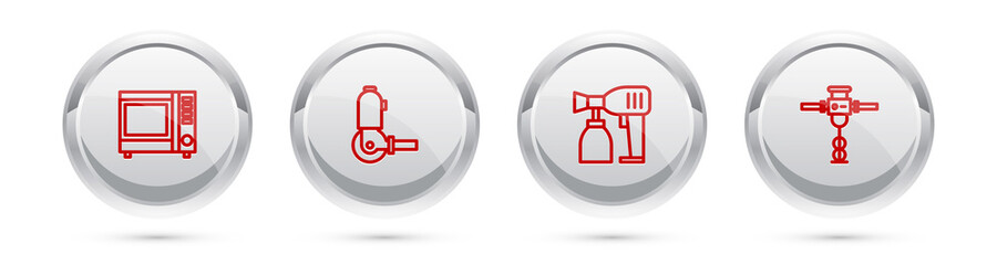 Set line Microwave oven, Angle grinder, Paint spray gun and Construction jackhammer. Silver circle button. Vector
