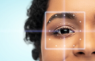 vision correction, laser eye surgery and health concept - close up of young african american woman face over blue background - obrazy, fototapety, plakaty