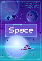 Space poster with spaceship in cosmos with alien planets, asteroids and stars. Design template of explore galaxy, cosmos discovery. Vector game flyer with cartoon illustration of flying shuttle