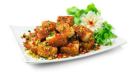 Crispy Belly Pork Stir Fried with Chili and Salt Spicy Tasty Fusion dish Combination Thai Food