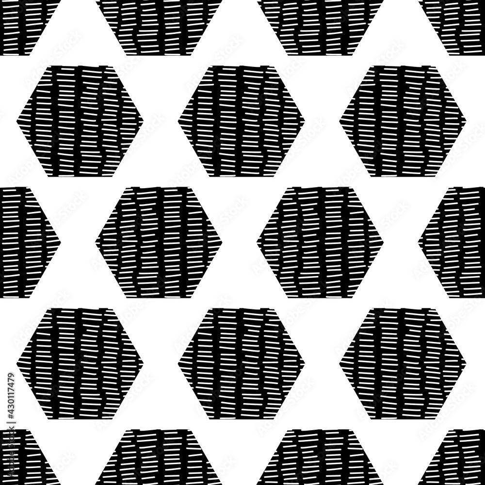 Canvas Prints Abstract geometric seamless vector background black hexagons on white. Repeating pattern with doodle texture hexagon shapes black on white hand drawn isolated. Monochrome hipster pattern doodle