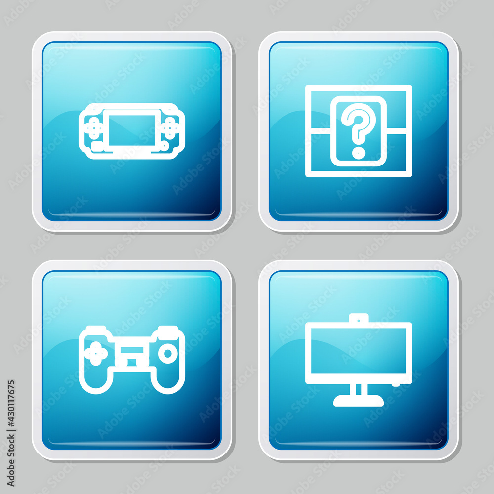 Aufkleber set line portable video game console, mystery random box, gamepad and computer monitor icon. vector