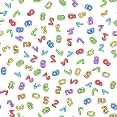Seamless pattern of multicolored numbers on a white background. It can be used for children's wallpaper, wrapping paper, fabric, covers, templates. Flat vector illustration.