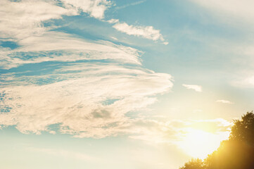 Beautiful gentle sky with cirrus clouds and authentic sunlight. Natural two-color background