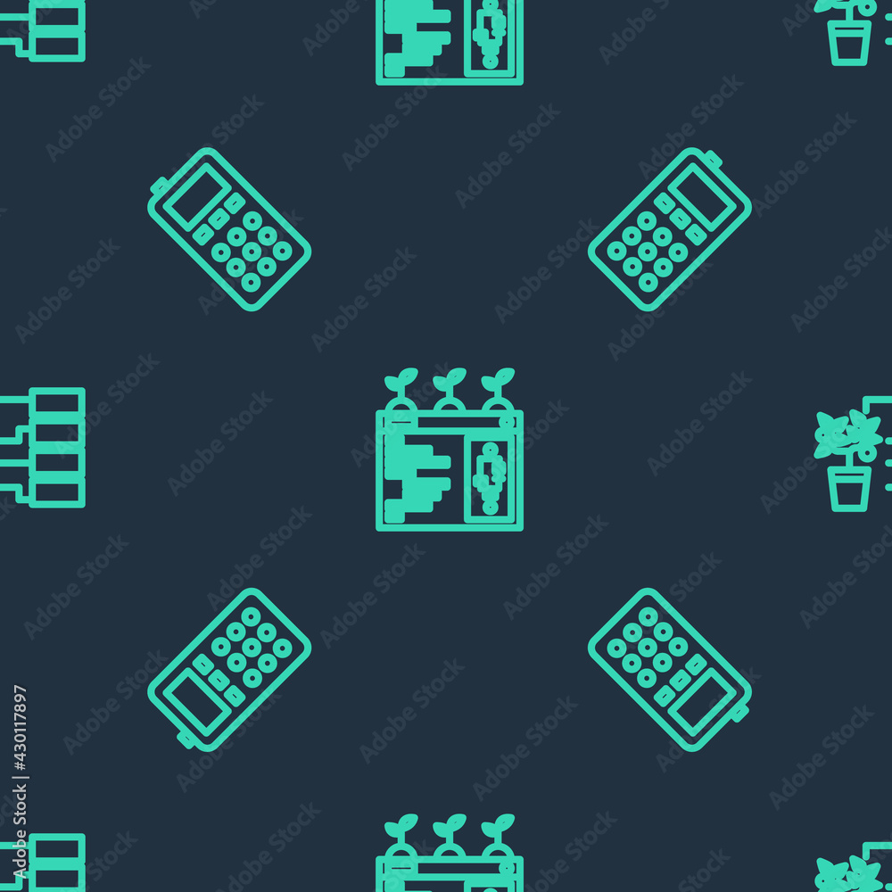 Poster set line smart farming technology, remote control and flower analysis on seamless pattern. vector