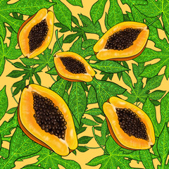 bright summer seamless pattern with tropical fruits and leaves. papaya on orange background for print