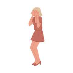 Woman with hands to cheeks as a sign of surprise, flat vector illustration.