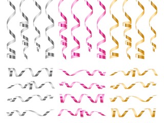 Realistic serpentine ribbons. Bright golden, pink and silver curled tapes, 3d festive metal spirals, holiday sparkle tinsel, birthday wedding or xmas party decor vector isolated set