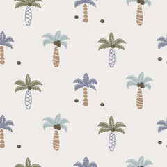 Fototapeta na wymiar Cute coconut palm trees seamless pattern print for kids apparel and bedding.