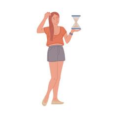 Woman stands in thought with an hourglass, flat vector illustration isolated.