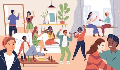 Friends group. Party time in house, happy young people, home celebration. Alcohol drinking, karaoke and dancing, youth hangout, men and women funny company. Vector modern cartoon concept