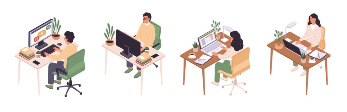 Isometric online education. Man and woman sitting at computer, back and face view, personal workplace, desktop with laptop, distance learning, student internet webinar vector set