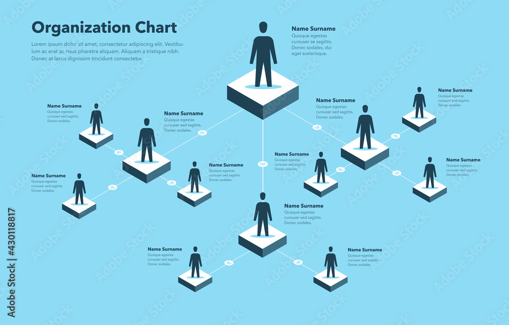 Poster company organization chart template with place for your content - blue version. easy to use for your