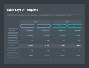 Modern business advanced table layout template with place for your content - dark version. Flat design, easy to use for your website or presentation.