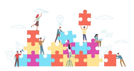 Obraz na płótnie Canvas Puzzle teamwork. Little people with big puzzle pieces, colleagues cooperation, working collaboration in common business. Company teambuilding, startup project. Vector cartoon concept