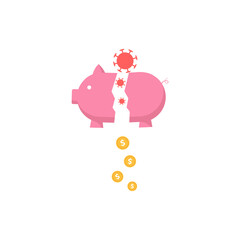 Broken Piggy bank box with falling out money, flat vector illustration isolated.