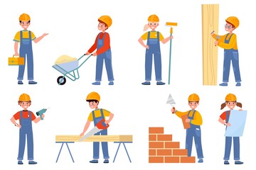 Fototapeta premium Kids builders. Young engineers in uniform and helmets, children professionals construction site, carpenter, and molar. Teen workers use special tools. Vector cartoon isolated set