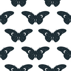 Celestial butterfly seamless pattern. Mystical moth background with stars and half moon. Spiritual texture.