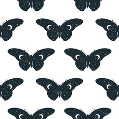 Celestial butterfly seamless pattern. Mystical moth background with stars and half moon. Spiritual texture.