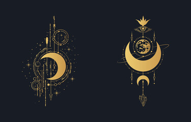 Esoteric geometric moon print set. Mystic tattoo in boho style. Celestial poster. Spiritual lunar illustration.