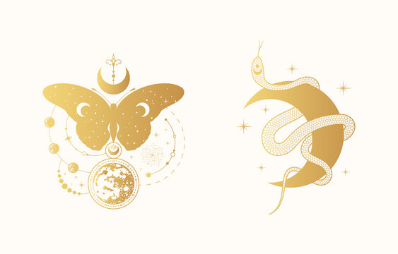 Golden Esoteric snake moon prints. Mystic gold tattoo in boho style. Celestial poster with snake and butterfly. Spiritual lunar illustration.