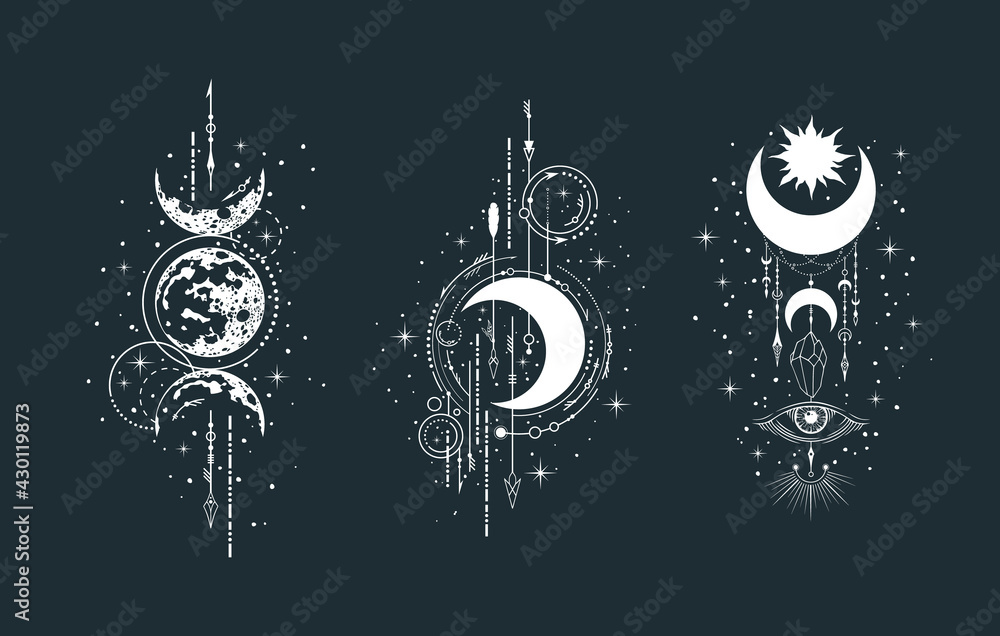 Wall mural geometric celestial half moon illustration set. mystical lunar phase tattoo. spiritual esoteric prin