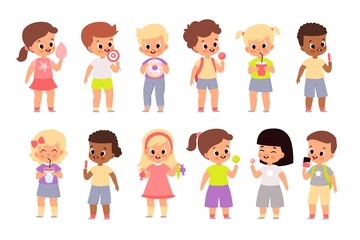 Children eat sweet food. Cute kids with candies, sugar cotton and desserts, boys and girl hold lollipops, doughnut and ice cream, delicious drinks and snacks vector cartoon set