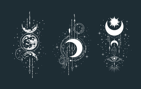 Geometric Celestial Half Moon Illustration Set. Mystical Lunar Phase Tattoo. Spiritual Esoteric Prints.
