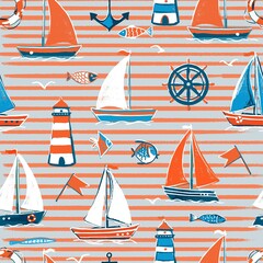 Vector seamless pattern on the sea theme in orange and gray stripes. Sailboats on the sea with a lighthouse, fish.
