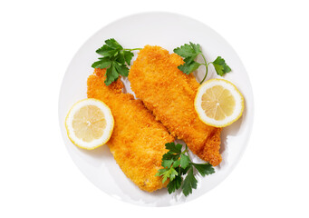 plate of chicken schnitzel isolated on white background