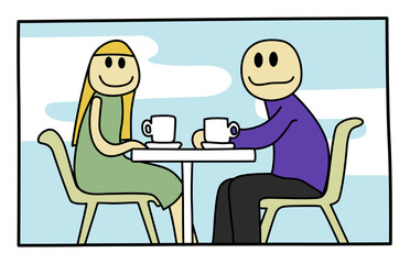 Cute couple characters in a date, sitting smiling and having a coffee in a bar outdoors. Cartoon hand drawn style vector illustration. 