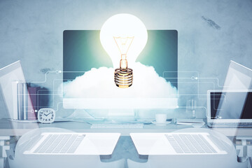Double exposure of bulb and office interior background. Concept of idea.