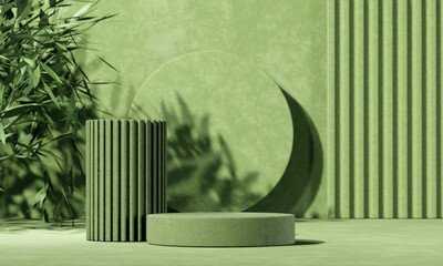 Minimal abstract background with 3D concrete podium display with green leaves