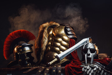 Golden armor between gladiator and legionary helmets - obrazy, fototapety, plakaty