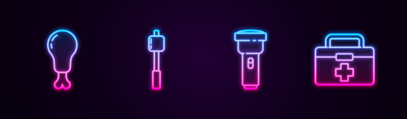 Set line Chicken leg, Marshmallow on stick, Flashlight and First aid kit. Glowing neon icon. Vector