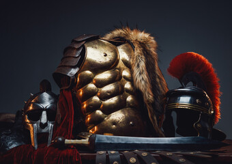 Antique bronze armor and helmets with gladius