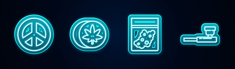 Set line Peace, Herbal ecstasy tablets, Plastic bag of cannabis and Smoking pipe. Glowing neon icon. Vector
