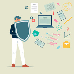 Man holding a shield protecting from disturbing news, flat vector illustration.