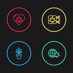 Set line Marijuana or cannabis plant, Legalize marijuana globe, and store and leaf in heart icon. Vector