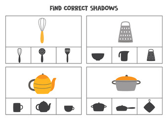 Find correct shadow of kitchen utensils. Printable clip card games for children.