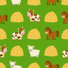 Seamless pattern with cute cartoon farm animals.